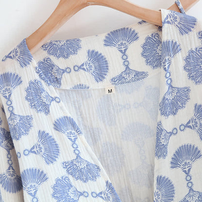 Completo da notte in cotone con stampa a ventaglio blu (3 pezzi)