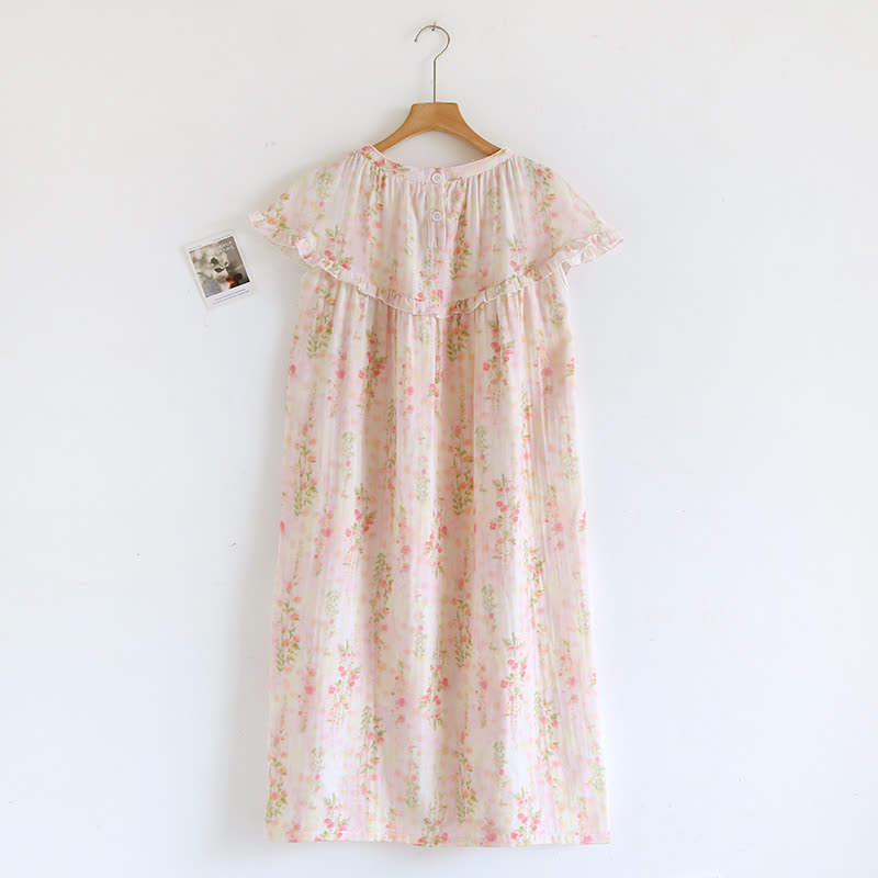 Camicia da notte in cotone con stampa di rose e scollo a balza