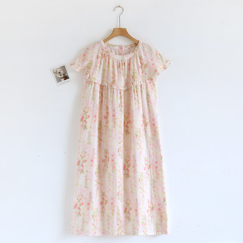 Camicia da notte in cotone con stampa di rose e scollo a balza