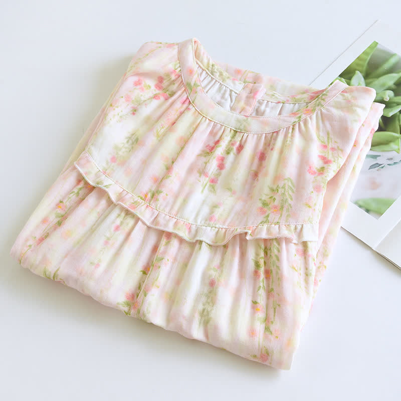 Camicia da notte in cotone con stampa di rose e scollo a balza