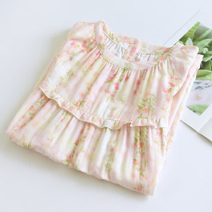 Camicia da notte in cotone con stampa di rose e scollo a balza