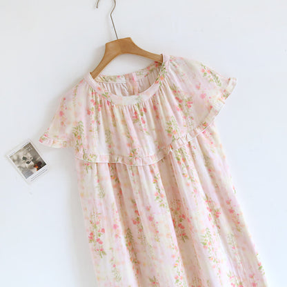 Camicia da notte in cotone con stampa di rose e scollo a balza