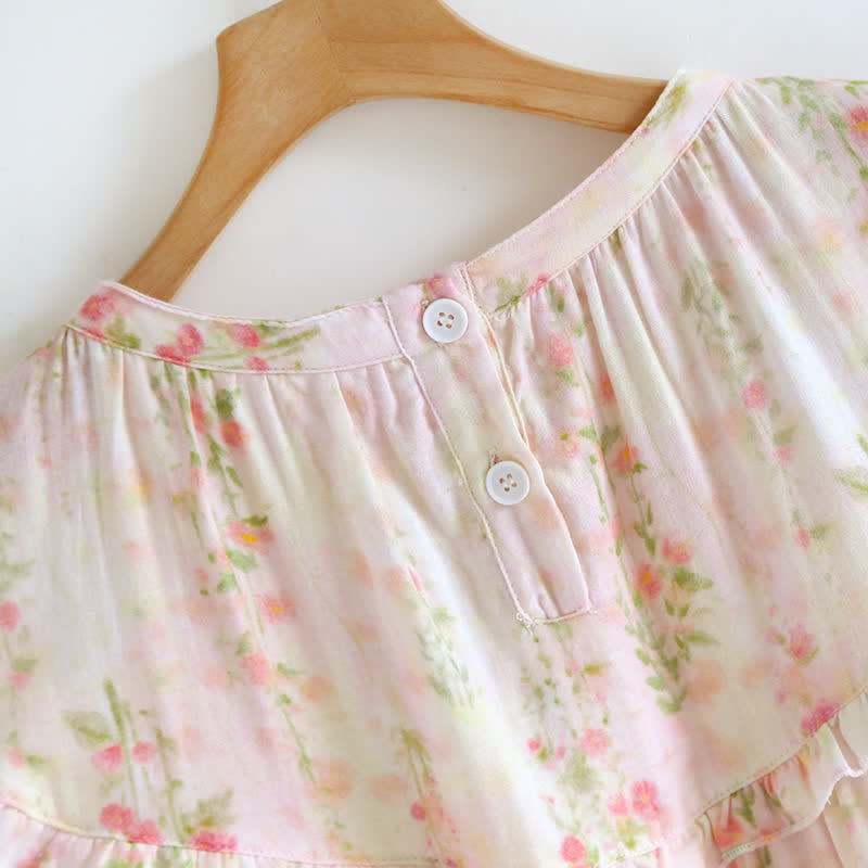 Camicia da notte in cotone con stampa di rose e scollo a balza