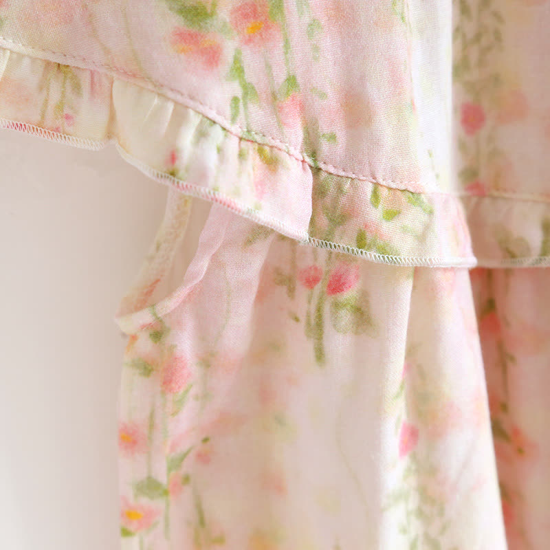 Camicia da notte in cotone con stampa di rose e scollo a balza