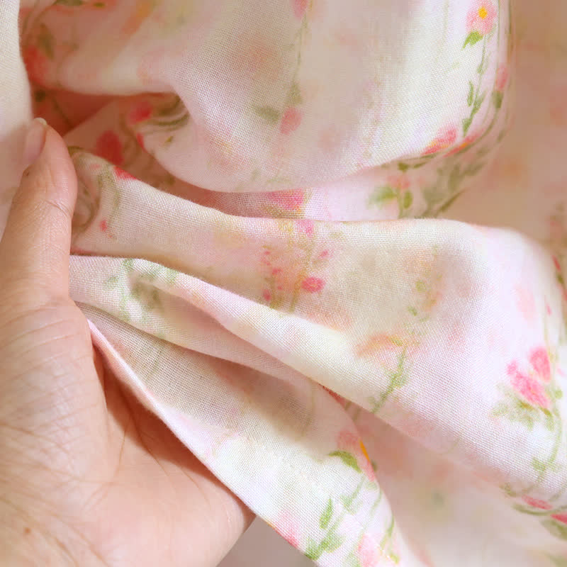 Camicia da notte in cotone con stampa di rose e scollo a balza