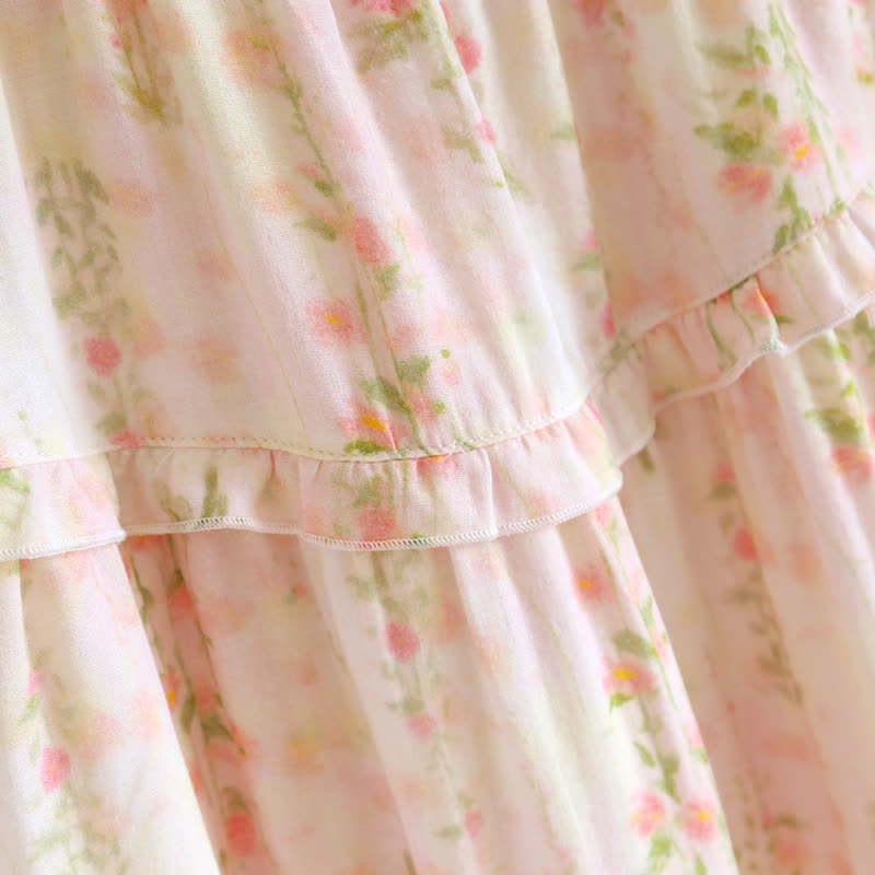 Camicia da notte in cotone con stampa di rose e scollo a balza
