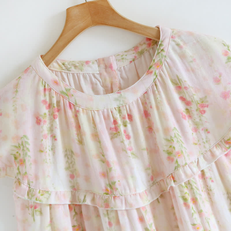 Camicia da notte in cotone con stampa di rose e scollo a balza
