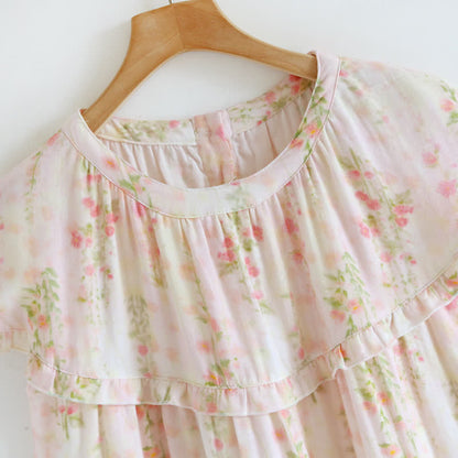 Camicia da notte in cotone con stampa di rose e scollo a balza