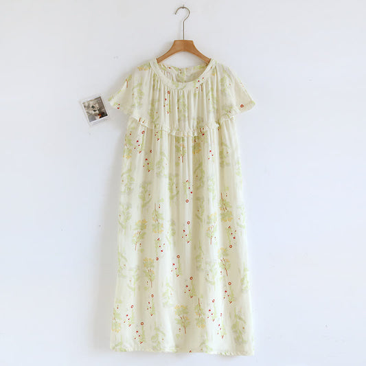 Camicia da notte in cotone con stampa floreale verde con scollo a balza
