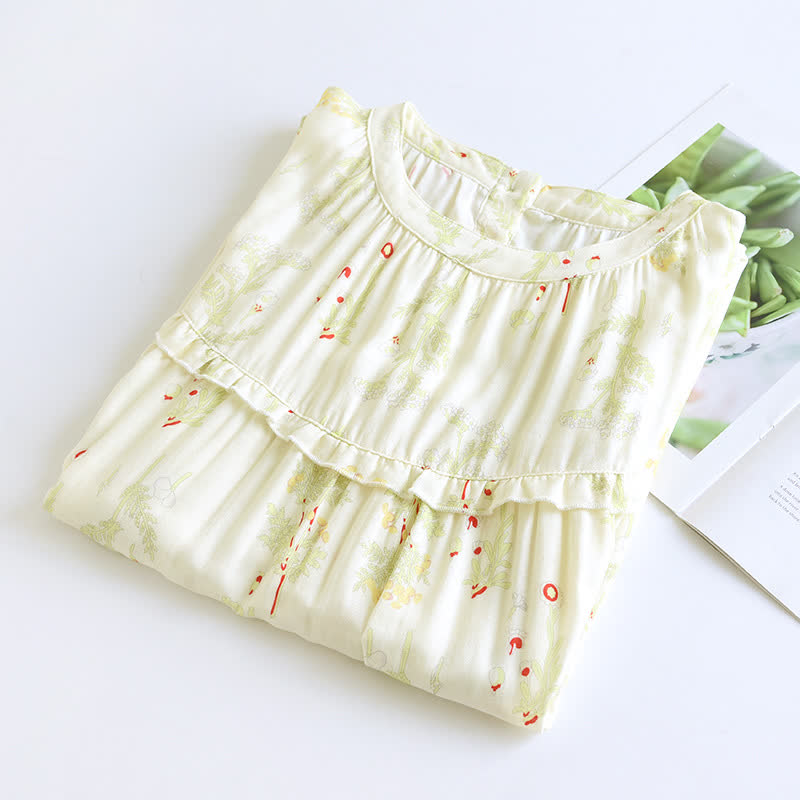 Camicia da notte in cotone con stampa floreale verde con scollo a balza