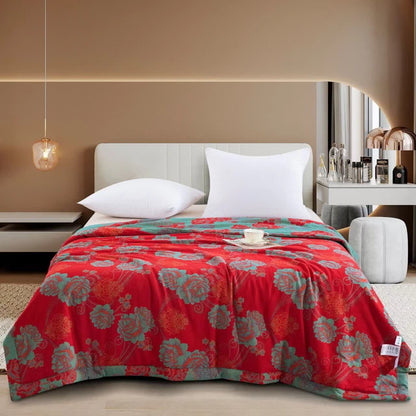 Trapunta jacquard in garza di cotone con motivo peonia rossa