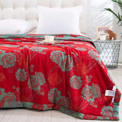 Trapunta jacquard in garza di cotone con motivo peonia rossa