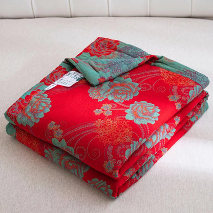 Trapunta jacquard in garza di cotone con motivo peonia rossa
