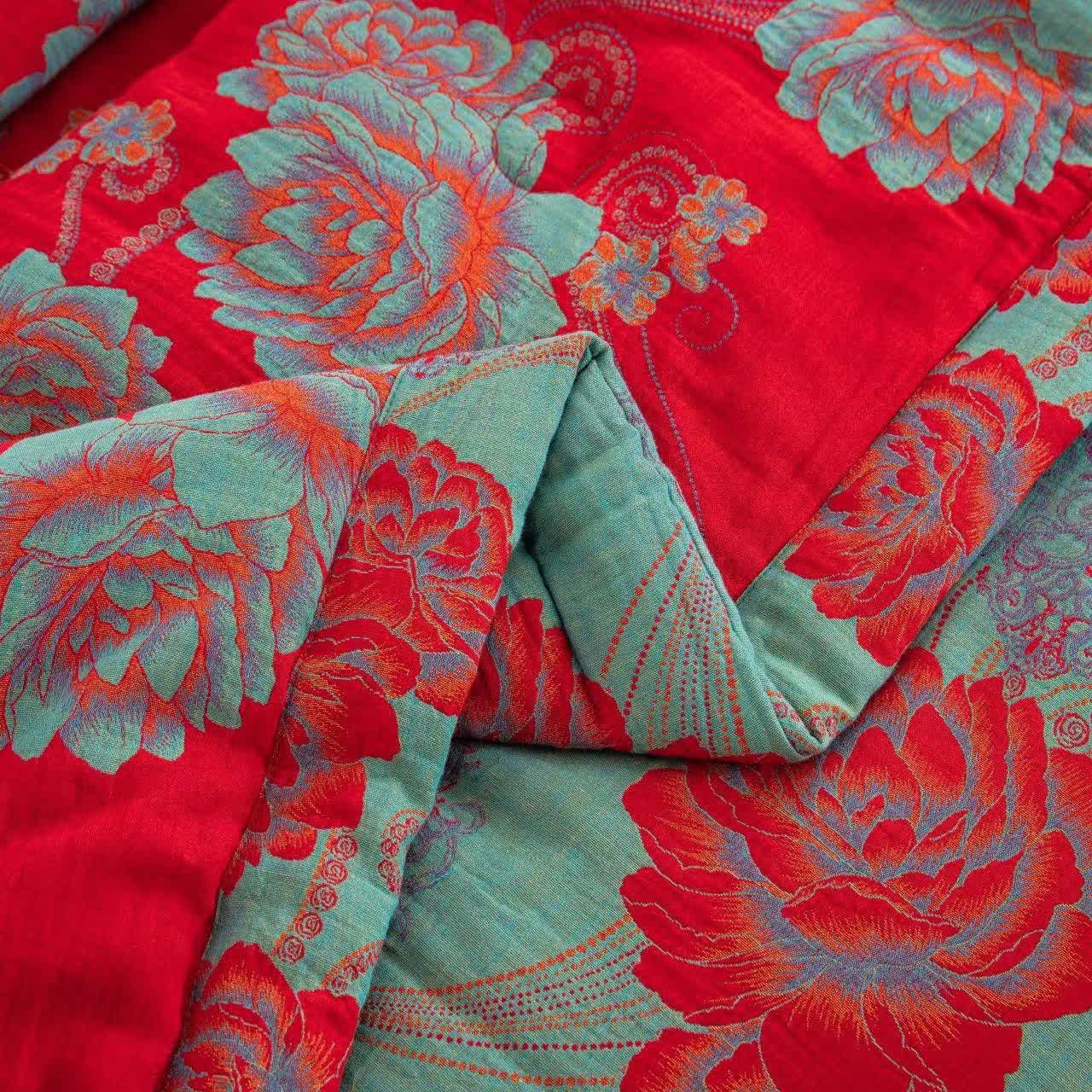 Trapunta jacquard in garza di cotone con motivo peonia rossa
