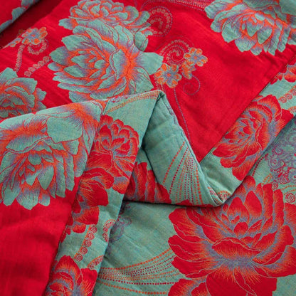 Trapunta jacquard in garza di cotone con motivo peonia rossa