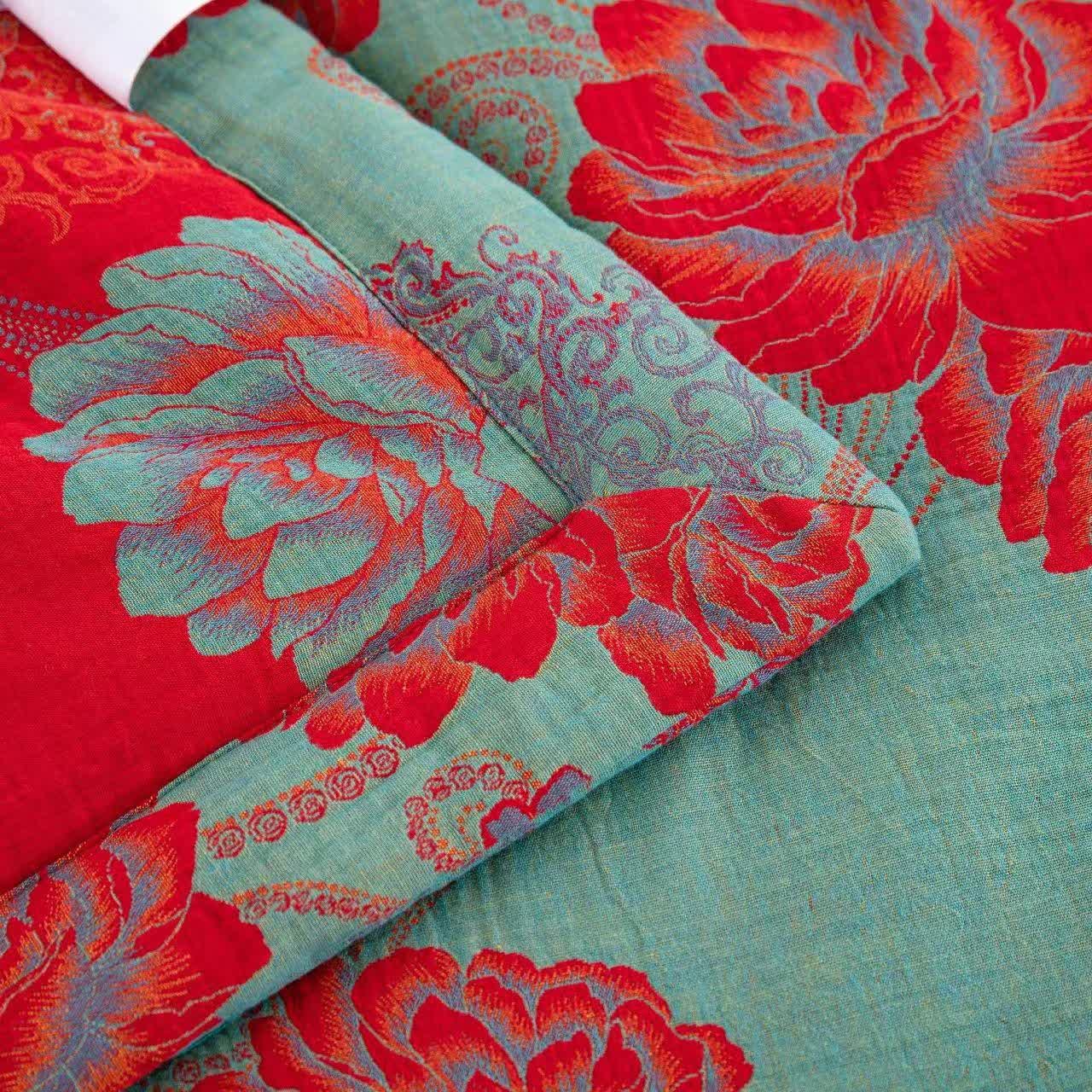 Trapunta jacquard in garza di cotone con motivo peonia rossa