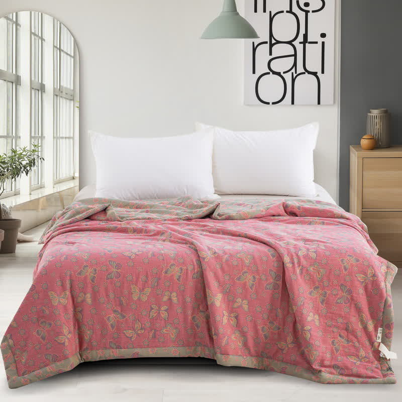 Trapunta jacquard in garza di cotone con farfalla rosa