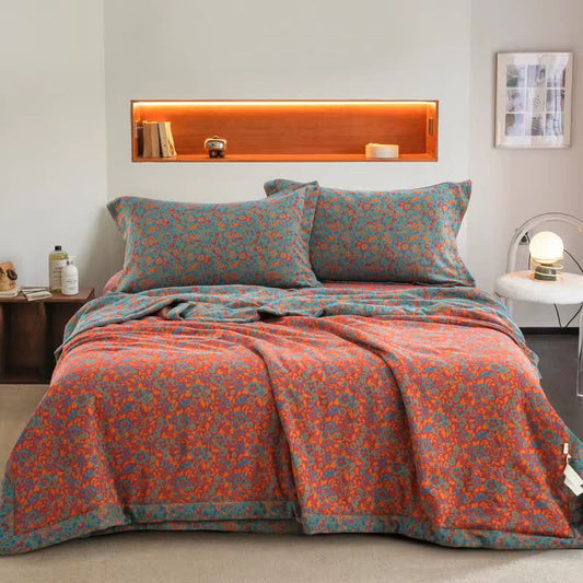 Trapunta jacquard in garza di cotone floreale arancione