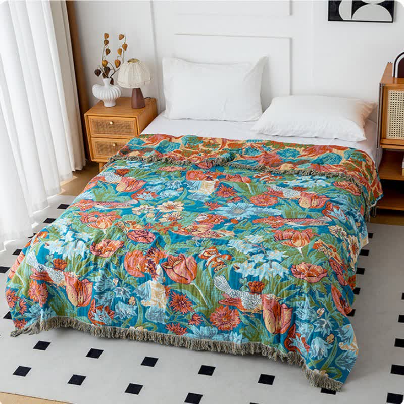 Coperta con nappe in cotone naturale Tulip Gerbera
