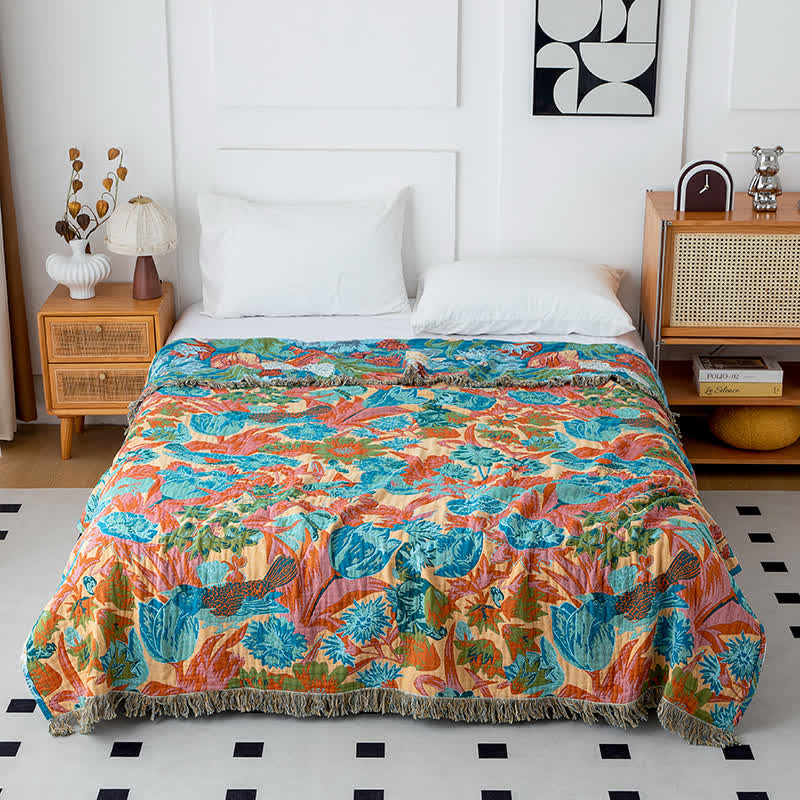 Coperta con nappe in cotone naturale Tulip Gerbera