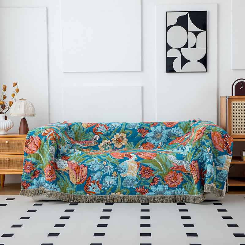 Coperta con nappe in cotone naturale Tulip Gerbera