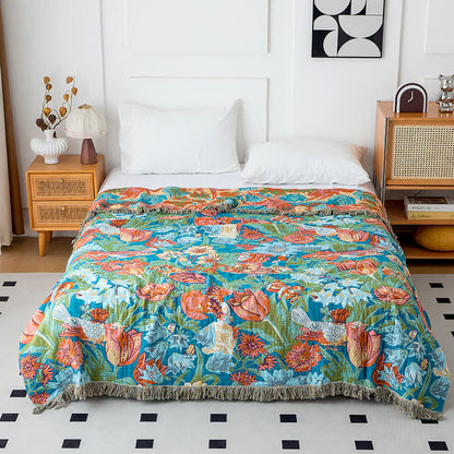 Coperta con nappe in cotone naturale Tulip Gerbera