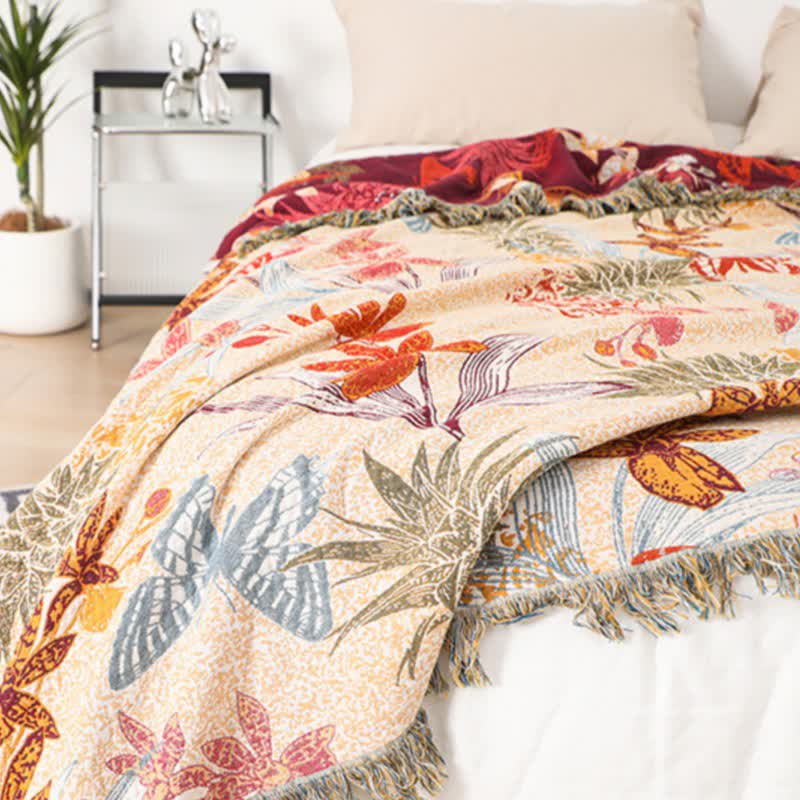 Coperta in cotone naturale con motivo floreale e farfalla di ananas