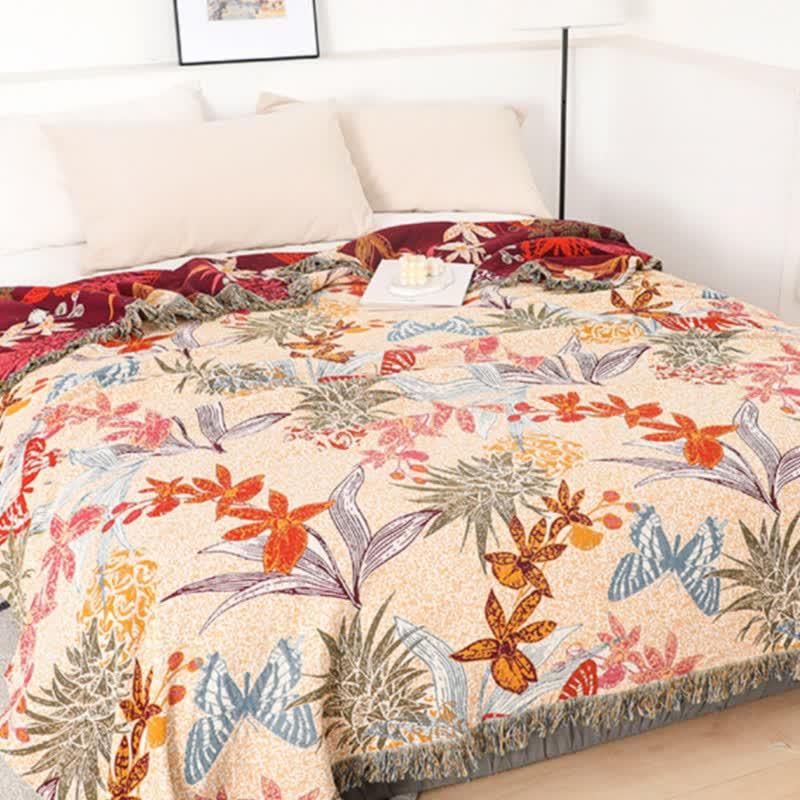Coperta in cotone naturale con motivo floreale e farfalla di ananas