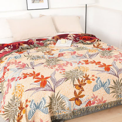 Coperta in cotone naturale con motivo floreale e farfalla di ananas