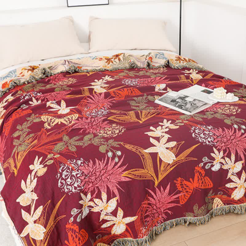 Coperta in cotone naturale con motivo floreale e farfalla di ananas