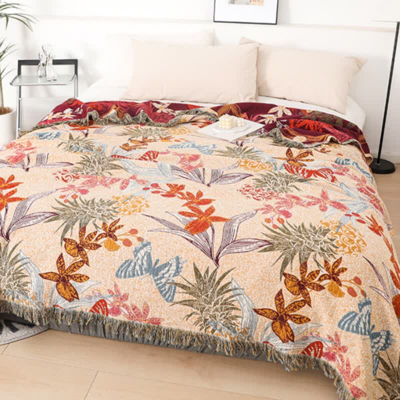 Coperta in cotone naturale con motivo floreale e farfalla di ananas