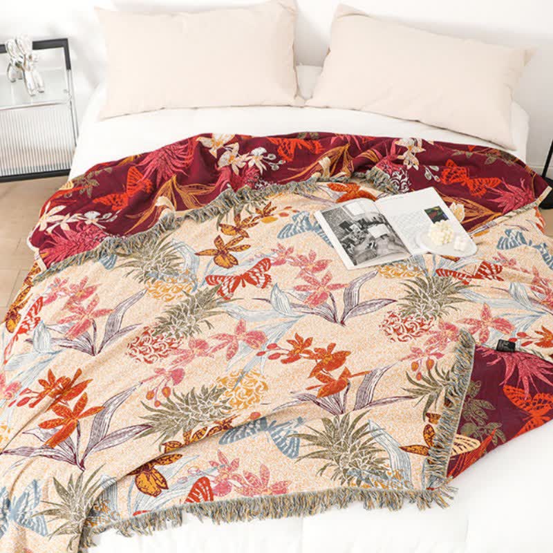 Coperta in cotone naturale con motivo floreale e farfalla di ananas