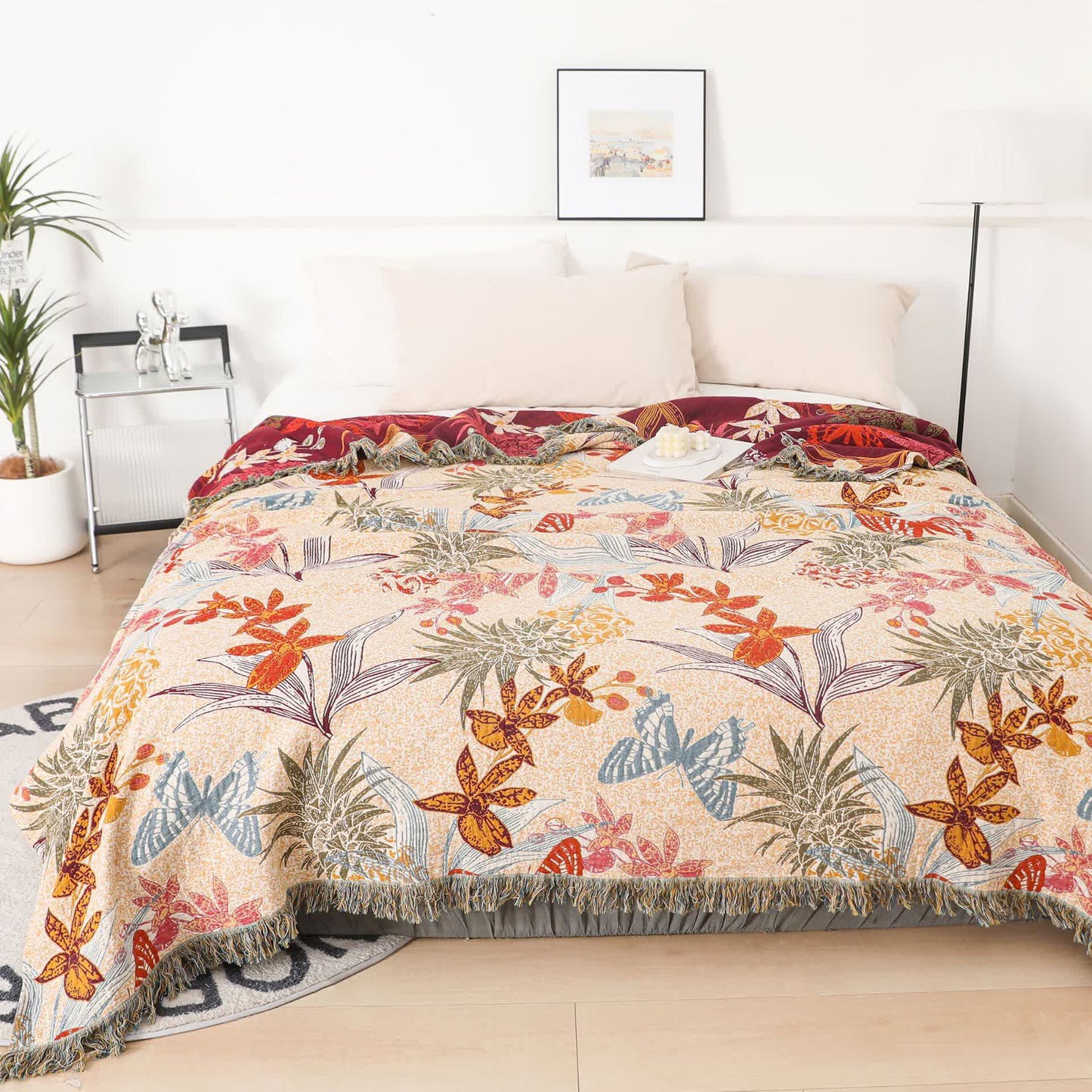 Coperta in cotone naturale con motivo floreale e farfalla di ananas