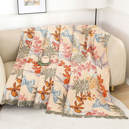 Coperta in cotone naturale con motivo floreale e farfalla di ananas
