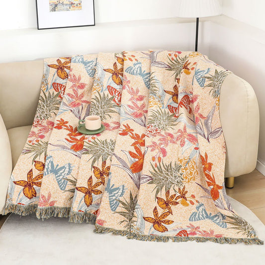 Coperta in cotone naturale con motivo floreale e farfalla di ananas