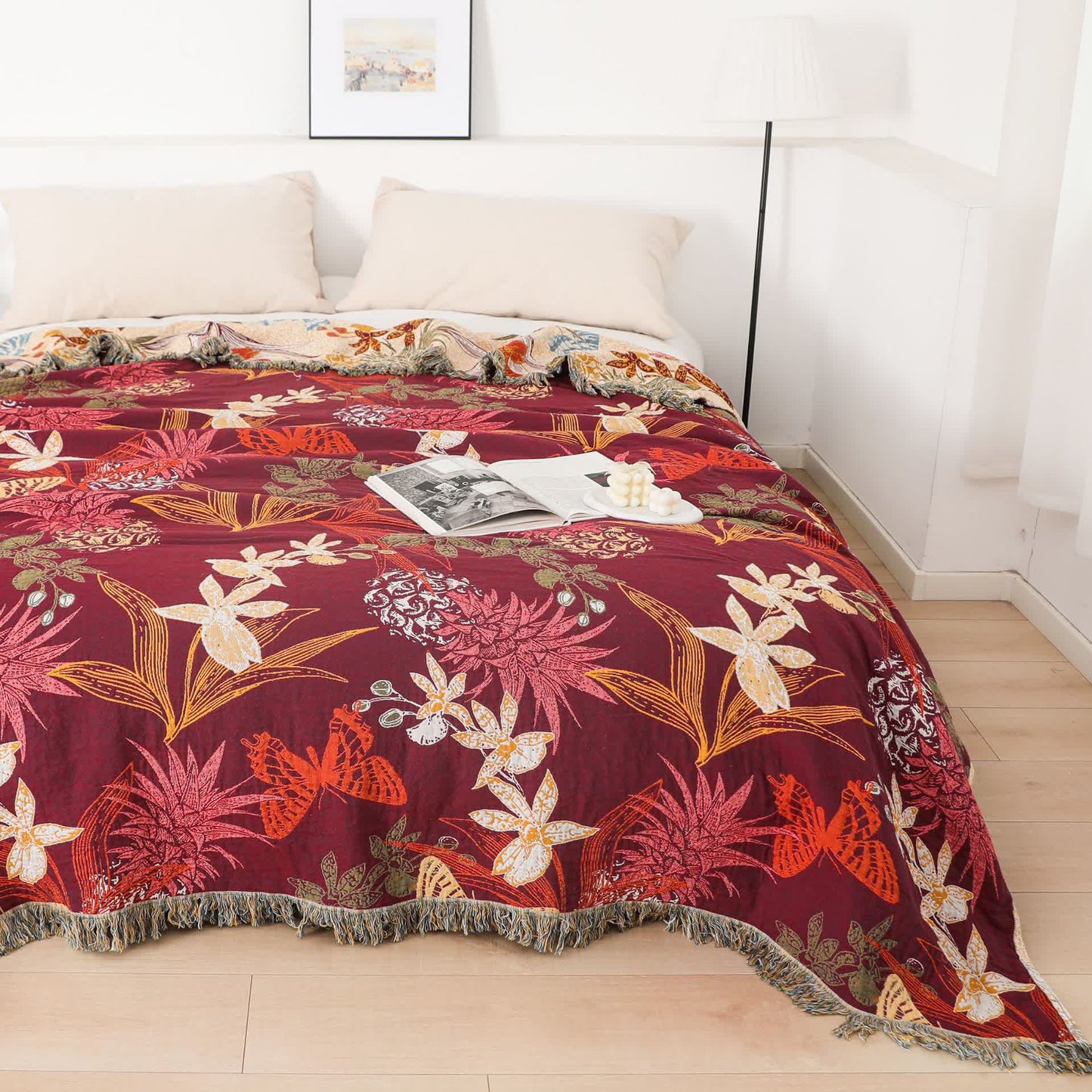 Coperta in cotone naturale con motivo floreale e farfalla di ananas