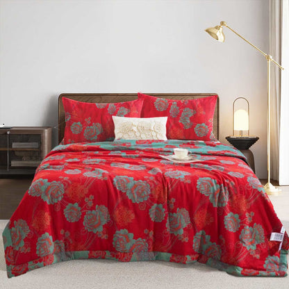 Trapunta jacquard in garza di cotone con motivo peonia rossa