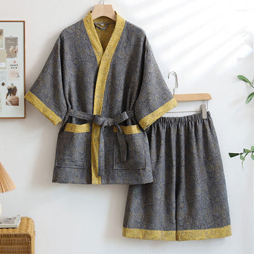 Pigiama unisex in kimono di cotone geometrico grigio