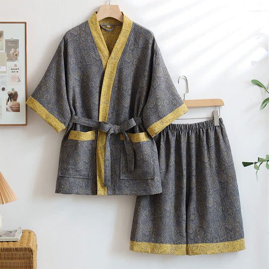 Pigiama unisex in kimono di cotone geometrico grigio