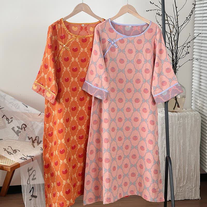 Camicia da notte in garza di cotone jacquard con fiocco di cachi