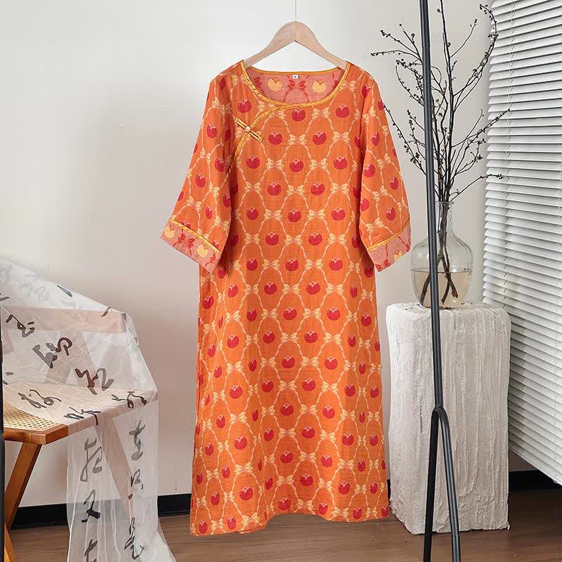 Camicia da notte in garza di cotone jacquard con fiocco di cachi