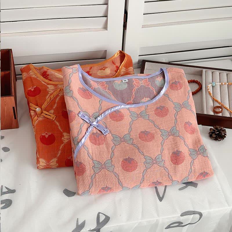 Camicia da notte in garza di cotone jacquard con fiocco di cachi