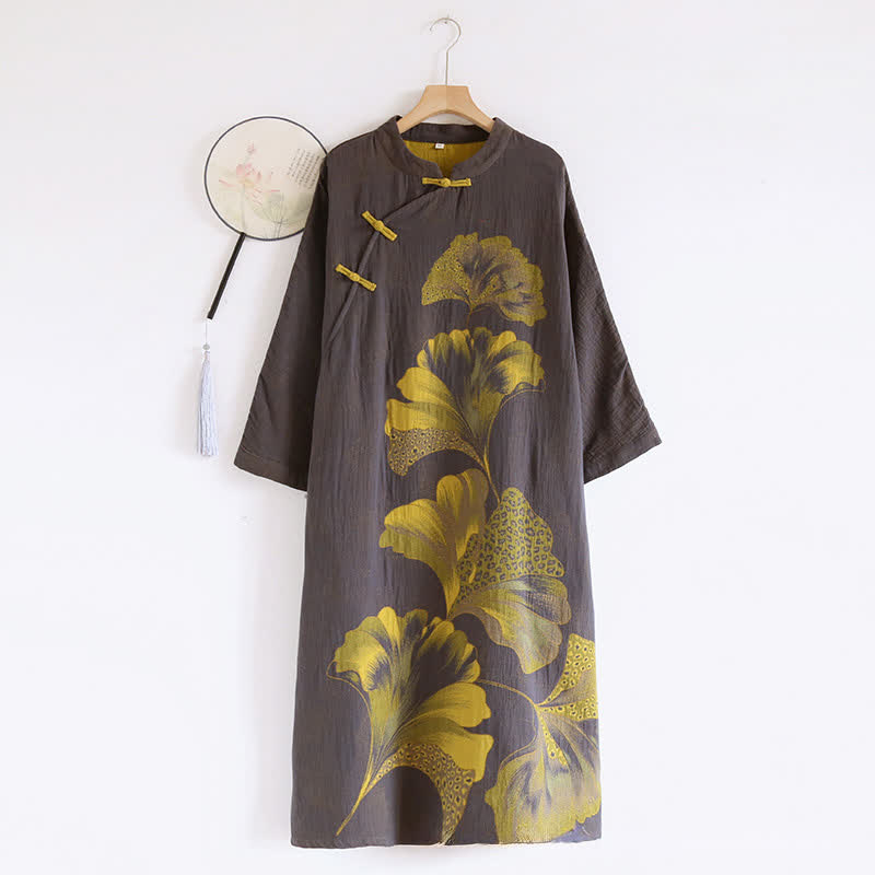 Camicia da notte doppia in cotone con foglie di ginkgo orientale