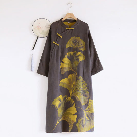 Camicia da notte doppia in cotone con foglie di ginkgo orientale