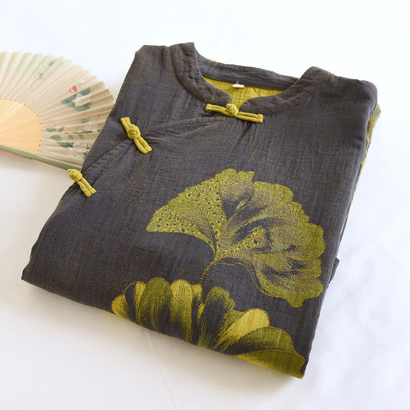 Camicia da notte doppia in cotone con foglie di ginkgo orientale