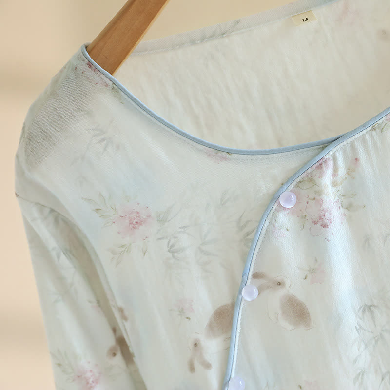 Camicia da notte in garza di cotone e bambù con coniglio orientale