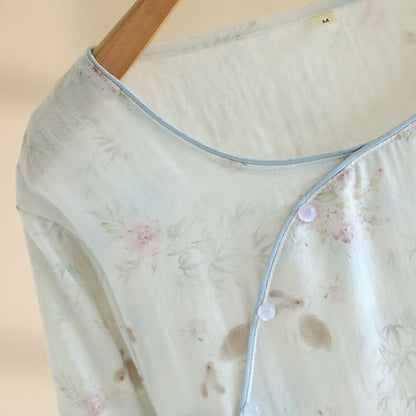 Camicia da notte in garza di cotone e bambù con coniglio orientale