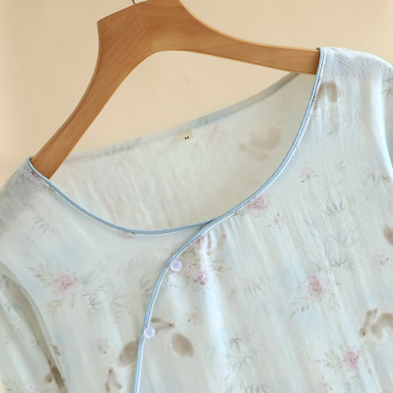 Camicia da notte in garza di cotone e bambù con coniglio orientale