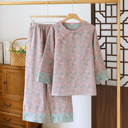 Pigiama in jacquard di garza di cotone floreale orientale