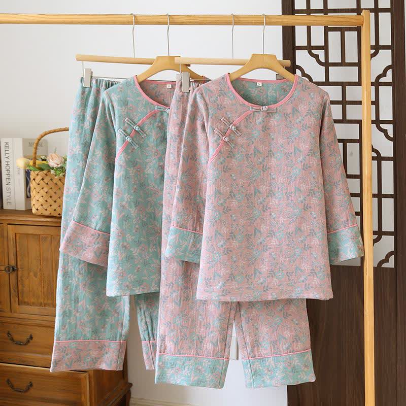 Pigiama in jacquard di garza di cotone floreale orientale